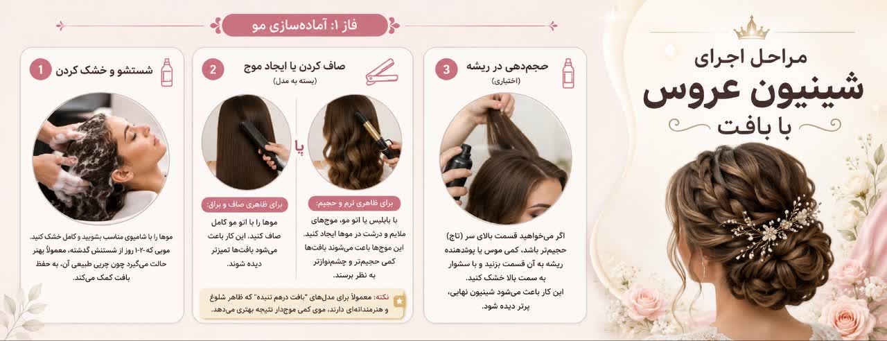 مراحل اجرای شینیون عروس با بافت - الگوریتمی و قدم به قدم